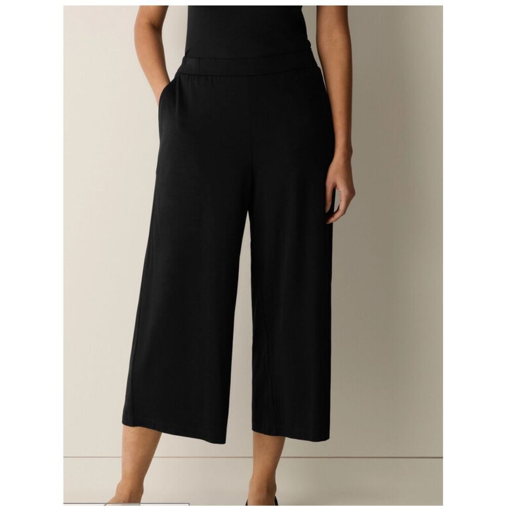 Eileen Fisher Black Culotte Cropped Wide-Leg Pants elastic waistband size Small